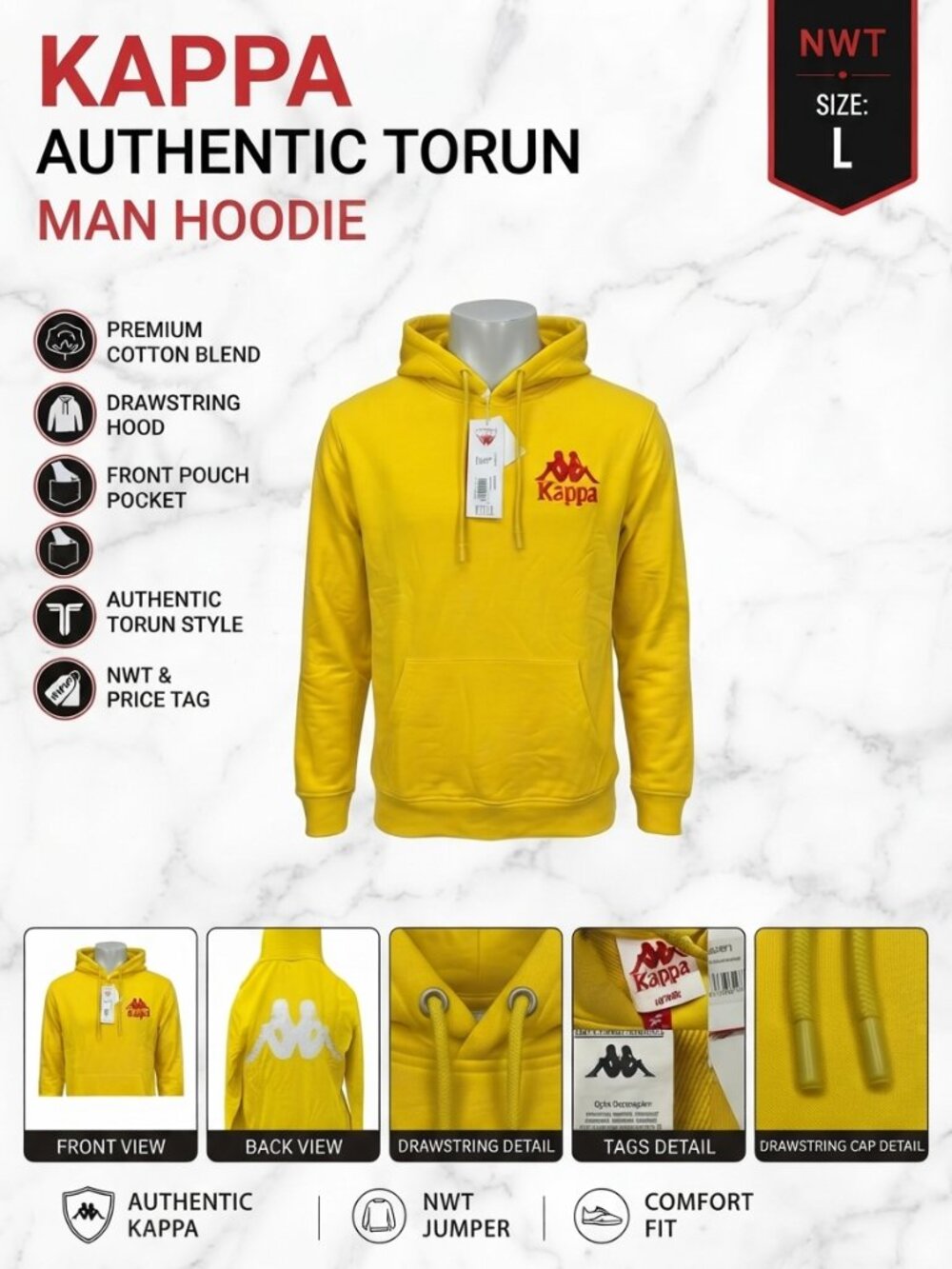 NWT Kappa Torun Hoodie Dandelion Yellow Men's Size L Pullover Hoodie